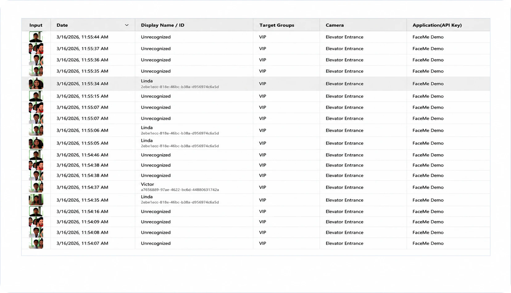 Recognition Records screen of the FaceMe developer console