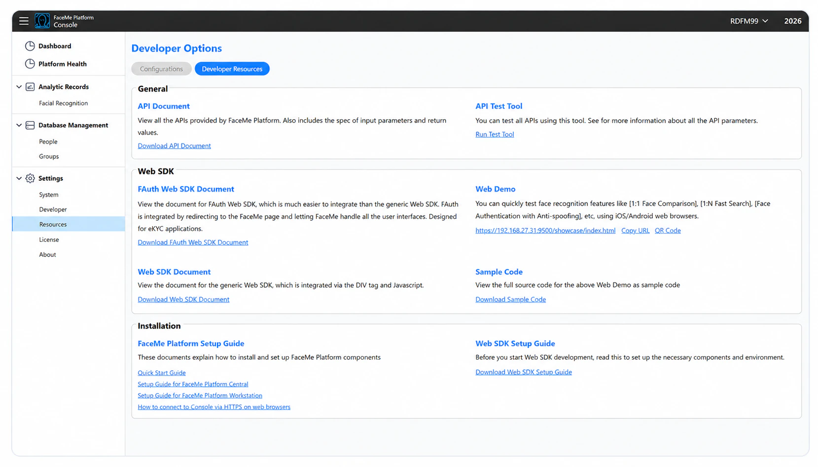 Developer Resources screen of the FaceMe developer console